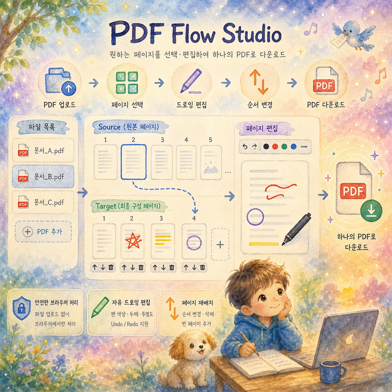 PDF 업로드, 페이지 선택, 드로잉 편집, 순서 변경, 하나의 PDF 다운로드까지 브라우저 안에서 이어지는 PDF Flow Studio 작업 흐름